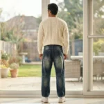 Men’s dark blue baggy fit vintage wash raw denim jeans with paneled stitching (3)