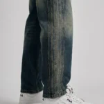 Men’s dark blue baggy fit vintage wash raw denim jeans with paneled stitching (4)