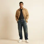 Men's dark indigo baggy jeans with knee paneling and vintage wash finish (2)