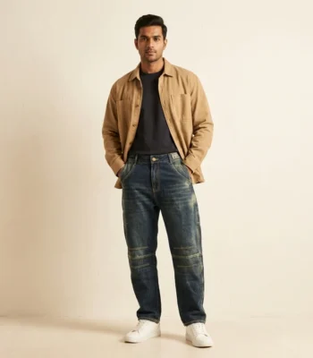 Men's dark indigo baggy jeans with knee paneling and vintage wash finish (2)