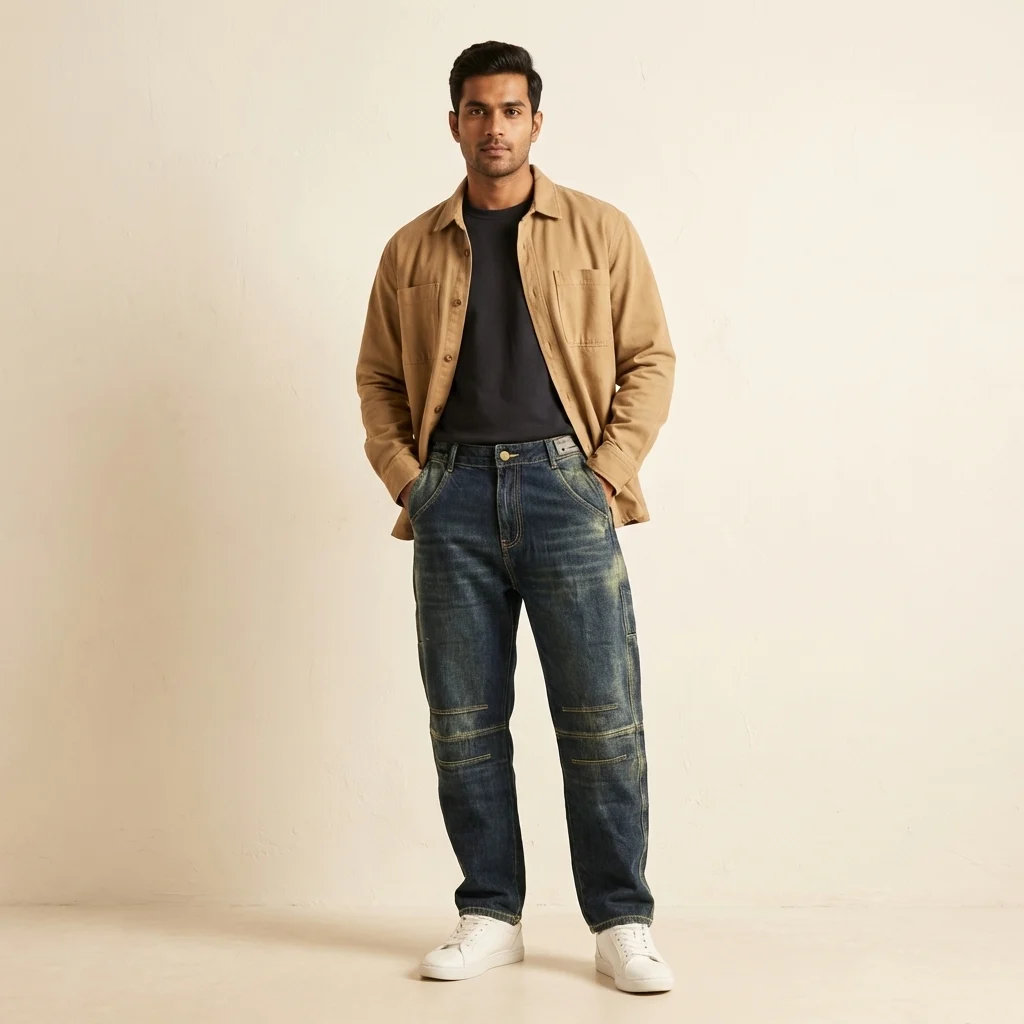 Men's dark indigo baggy jeans with knee paneling and vintage wash finish (2) Men's dark indigo baggy jeans with knee paneling and vintage wash finish (2)