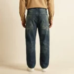 Men's dark indigo baggy jeans with knee paneling and vintage wash finish (3)