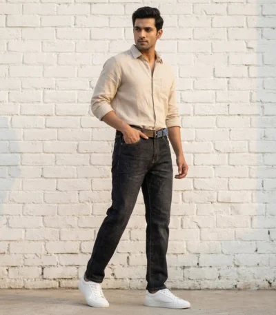 Men's dark wash slim fit indigo denim jeans with khaki webbed belt and white sneakers (1)