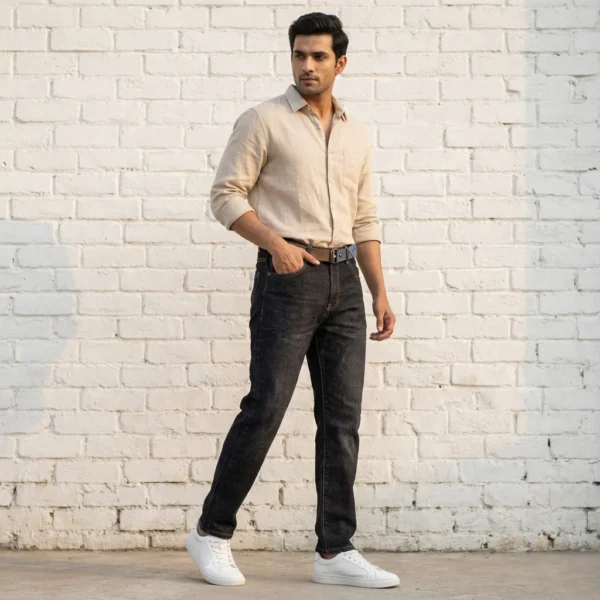 Men's dark wash slim fit indigo denim jeans with khaki webbed belt and white sneakers (1)