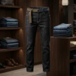 Men's dark wash slim fit indigo denim jeans with khaki webbed belt and white sneakers (5)