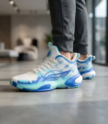 Men's high performance blue and white tie dye basketball sneakers with translucent midsole (4)