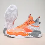 Men's high top basketball shoes in vibrant orange and silver grey with wavy traction sole (1)