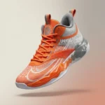 Men's high top basketball shoes in vibrant orange and silver grey with wavy traction sole (3)