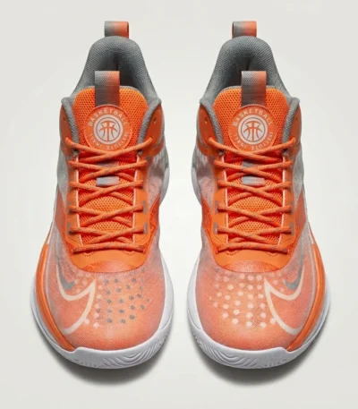 Men's high top basketball shoes in vibrant orange and silver grey with wavy traction sole (4)
