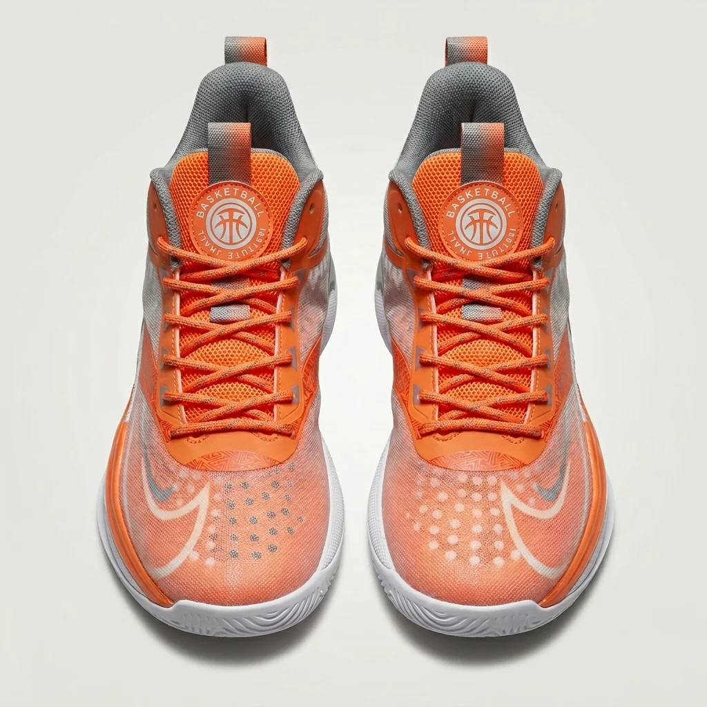 Men's high top basketball shoes in vibrant orange and silver grey with wavy traction sole (4) Men's high top basketball shoes in vibrant orange and silver grey with wavy traction sole (4)