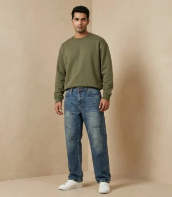 Men’s indigo vintage wash baggy jeans with knee panel detailing and relaxed fit (2)