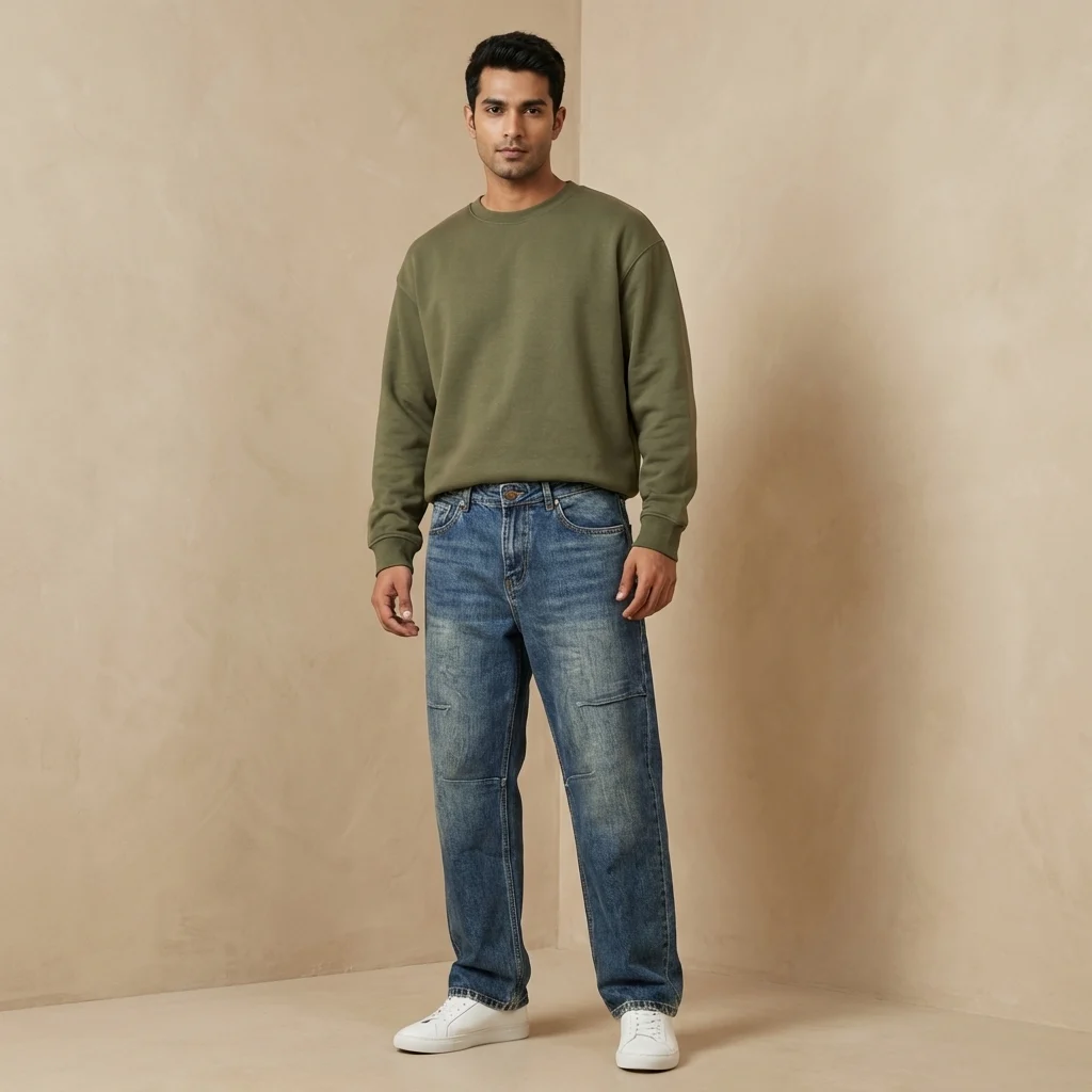 Men’s indigo vintage wash baggy jeans with knee panel detailing and relaxed fit (2) Men’s indigo vintage wash baggy jeans with knee panel detailing and relaxed fit (2)