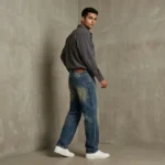 Men’s indigo vintage wash baggy jeans with knee panel detailing and relaxed fit (3)