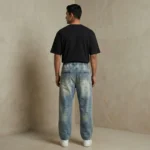 Men's light wash paneled baggy jogger jeans with white drawstring and elastic waistband (3)