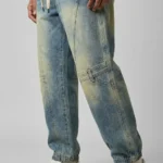 Men's light wash paneled baggy jogger jeans with white drawstring and elastic waistband (4)