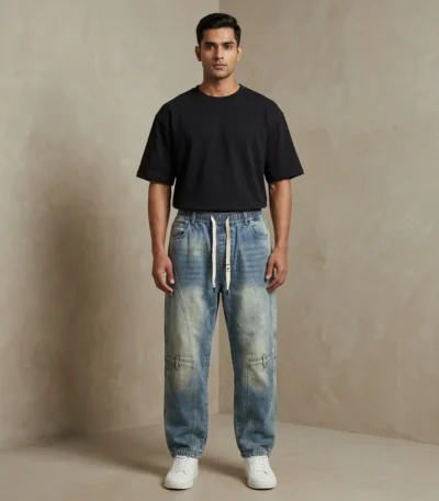 Men's light wash paneled baggy jogger jeans with white drawstring and elastic waistband (5)