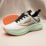 Men's lightweight breathable running shoes in mint green and white with orange accents (4)