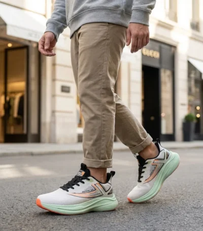 Men's lightweight breathable running shoes in mint green and white with orange accents (5)