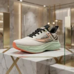 Men's lightweight breathable running shoes in mint green and white with orange accents (6)