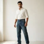 Men's medium wash blue cargo jeans with front panel pockets and relaxed fit (1)