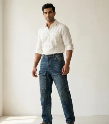 Men's medium wash blue cargo jeans with front panel pockets and relaxed fit (1)