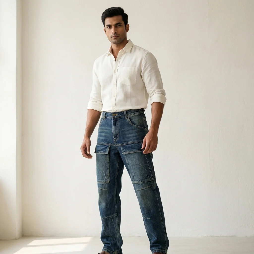 Men's medium wash blue cargo jeans with front panel pockets and relaxed fit (1)