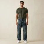 Men's medium wash blue cargo jeans with front panel pockets and relaxed fit (4)