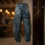 Men's medium wash blue cargo jeans with front panel pockets and relaxed fit (6)