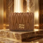 Miu Miu Brown Matelassé Nappa Leather Trifold Wallet with Gold Logo (5)