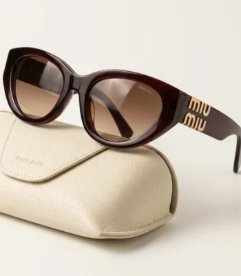Miu Miu Glimpse dark tortoise shell cat eye sunglasses with gold logo hardware and cream leather case (2)