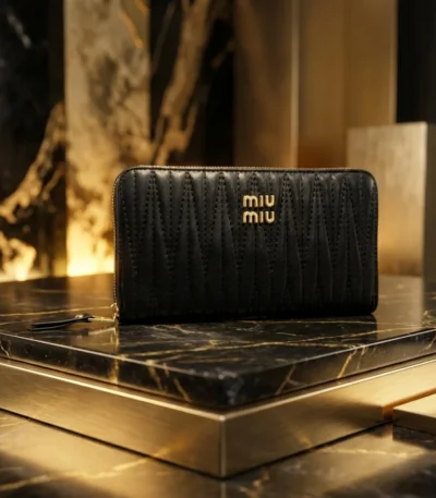 Miu Miu Matelassé Nappa Leather Zip Around Wallet in Black with Gold Hardware (5)
