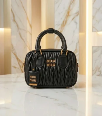 Miu Miu Matelassé black nappa leather top handle bag with gold logo and padlock (2)