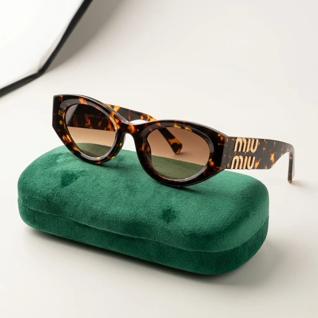 Miu Miu dark havana tortoiseshell oval sunglasses with gold logo hardware and green velvet case (1)