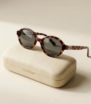 Miu Miu luxury oval tortoise shell sunglasses for women with gold logo temple detail (2)