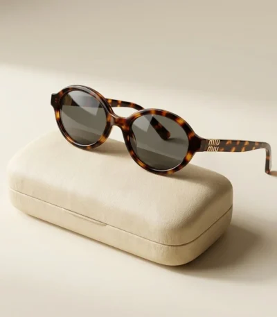 Miu Miu luxury oval tortoise shell sunglasses for women with gold logo temple detail (2)