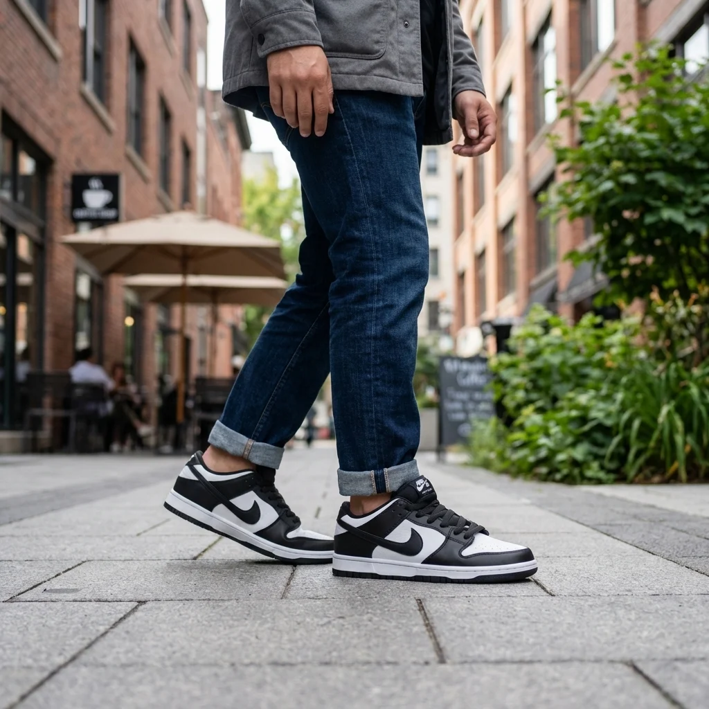 Nike SB Dunk Low Black and White Panda Sneakers on Marble Display (1) Nike SB Dunk Low Black and White Panda Sneakers on Marble Display (1)