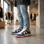 Nike SB Dunk Low sneaker featuring navy blue toe overlays, forest green heel panels, and a red bordered swoosh on a marble surface (2)