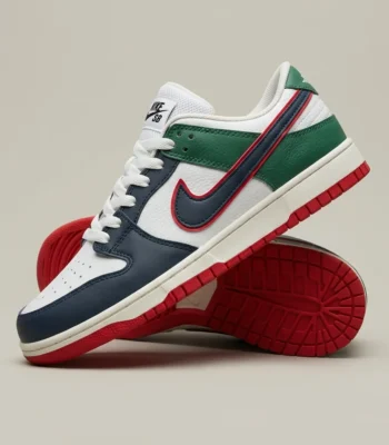 Nike SB Dunk Low sneaker featuring navy blue toe overlays, forest green heel panels, and a red bordered swoosh on a marble surface (3)