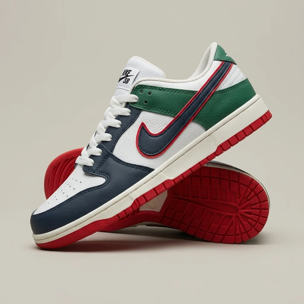 Nike SB Dunk Low sneaker featuring navy blue toe overlays, forest green heel panels, and a red bordered swoosh on a marble surface (3) Nike SB Dunk Low sneaker featuring navy blue toe overlays, forest green heel panels, and a red bordered swoosh on a marble surface (3)