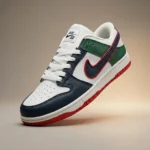 Nike SB Dunk Low sneaker featuring navy blue toe overlays, forest green heel panels, and a red bordered swoosh on a marble surface (4)