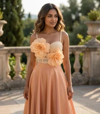 Peach Floral 3D Applique Bustier Top for Women with Corset Detailing (2)