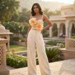 Peach Floral 3D Applique Bustier Top for Women with Corset Detailing (3)