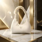 Prada Cleo white brushed leather hobo bag with iconic triangle logo and scrunchie handle detail (4)