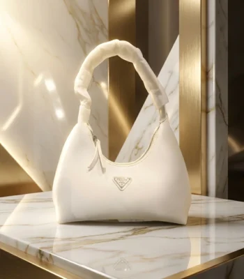 Prada Cleo white brushed leather hobo bag with iconic triangle logo and scrunchie handle detail (4)