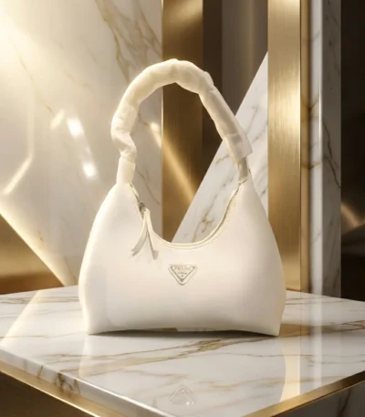 Prada Cleo white brushed leather hobo bag with iconic triangle logo and scrunchie handle detail (4)