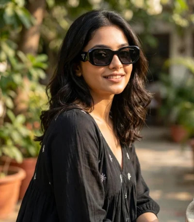 Prada PR 17WS black rectangular sunglasses for women with 3D logo temples (1)