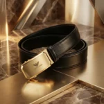 Premium Giorgio Armani men's black leather belt featuring a polished gold automatic buckle and embossed eagle logo (1)