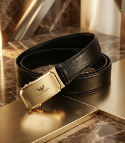 Premium Giorgio Armani men's black leather belt featuring a polished gold automatic buckle and embossed eagle logo (1)