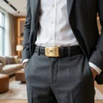 Premium Giorgio Armani men's black leather belt featuring a polished gold automatic buckle and embossed eagle logo (3)