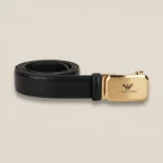 Premium Giorgio Armani men's black leather belt featuring a polished gold automatic buckle and embossed eagle logo (4)